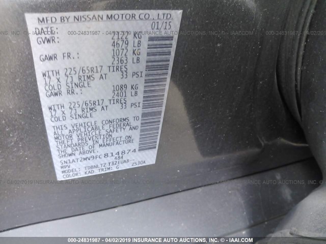 5N1AT2MV9FC814874 - 2015 NISSAN ROGUE S/SL/SV GRAY photo 9