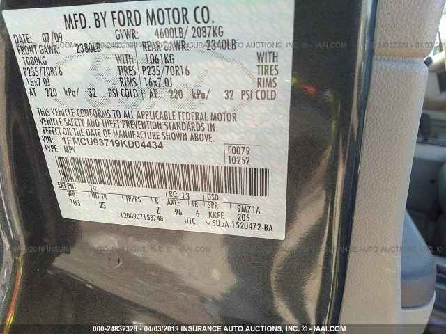 1FMCU93719KD04434 - 2009 FORD ESCAPE XLT GRAY photo 9