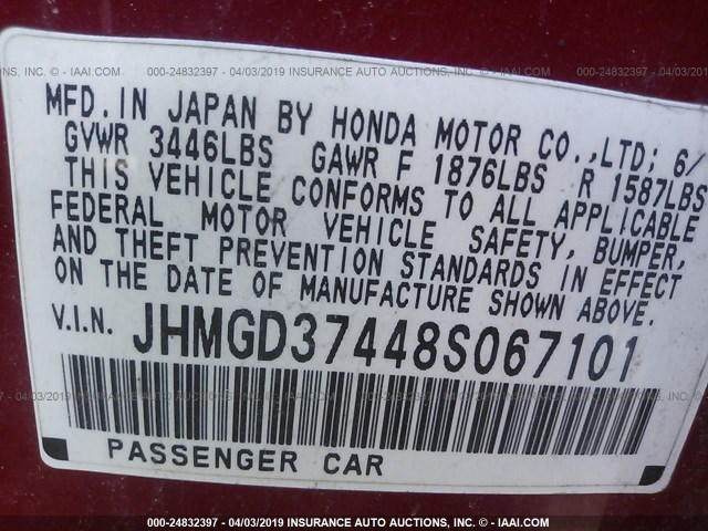 JHMGD37448S067101 - 2008 HONDA FIT RED photo 9