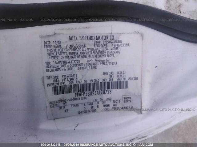 1FAFP53U26A178728 - 2006 FORD TAURUS SE WHITE photo 9