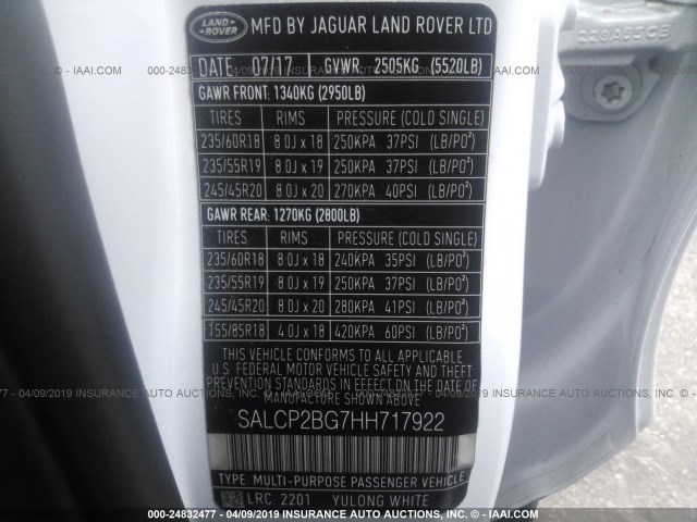 SALCP2BG7HH717922 - 2017 LAND ROVER DISCOVERY SPORT SE WHITE photo 9