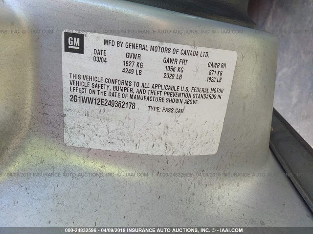 2G1WW12E249362178 - 2004 CHEVROLET MONTE CARLO LS ვერცხლისფერი ფოტო 9