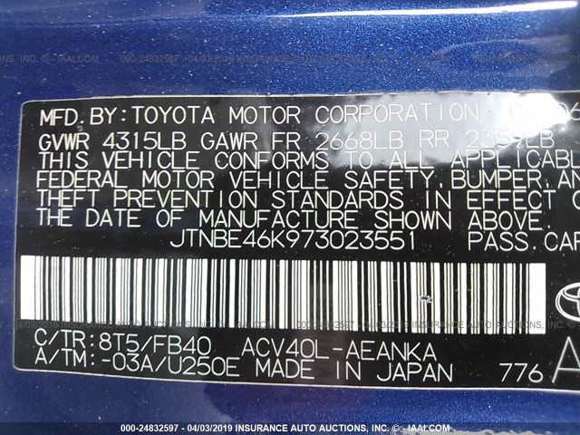 JTNBE46K973023551 - 2007 TOYOTA CAMRY NEW GENERAT CE/LE/XLE/SE BLUE photo 9