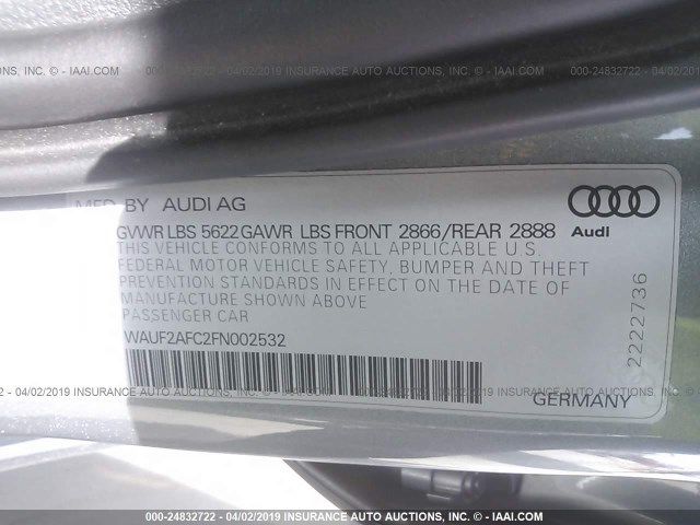 WAUF2AFC2FN002532 - 2015 AUDI S6 SILVER photo 9