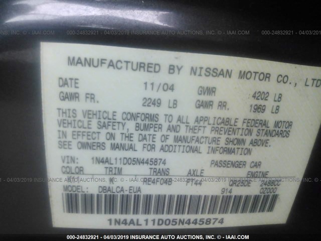 1N4AL11D05N445874 - 2005 NISSAN ALTIMA S/SL GRAY photo 9