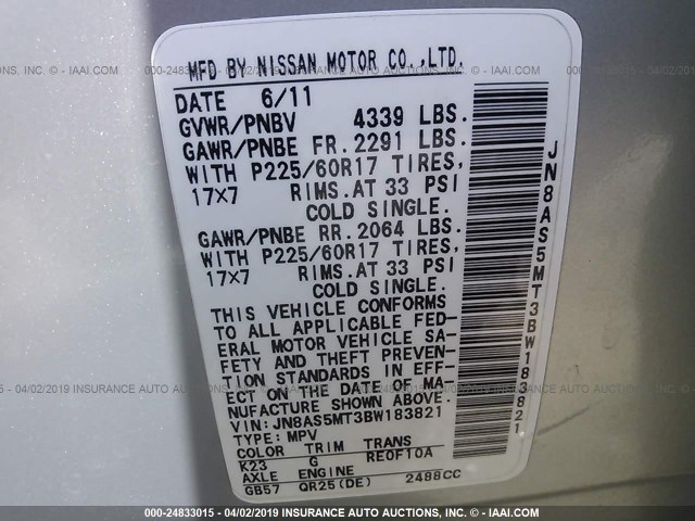 JN8AS5MT3BW183821 - 2011 NISSAN ROGUE S/SV/KROM SILVER photo 9