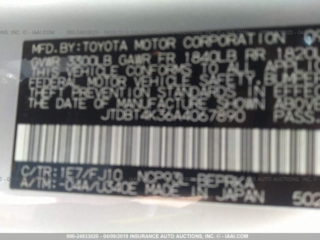 JTDBT4K36A4067890 - 2010 TOYOTA YARIS SILVER photo 9