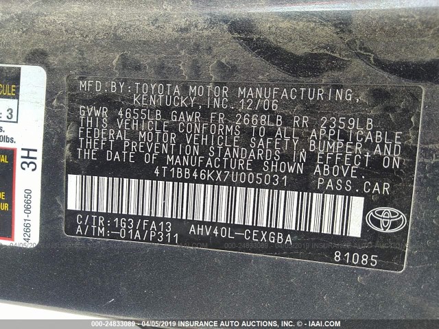 4T1BB46KX7U005031 - 2007 TOYOTA CAMRY NEW GENERAT HYBRID GRAY photo 9