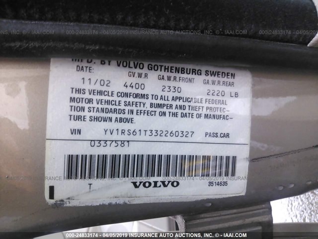 YV1RS61T332260327 - 2003 VOLVO S60 GOLD photo 9