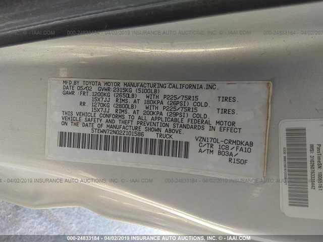 5TEWN72N02Z101586 - 2002 TOYOTA TACOMA XTRACAB SILVER photo 9