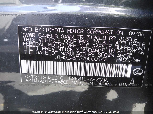 JTHGL46F275000442 - 2007 LEXUS LS 460L GRAY photo 9