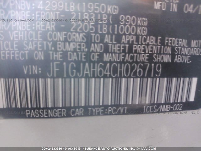 JF1GJAH64CH026719 - 2012 SUBARU IMPREZA LIMITED WHITE photo 9