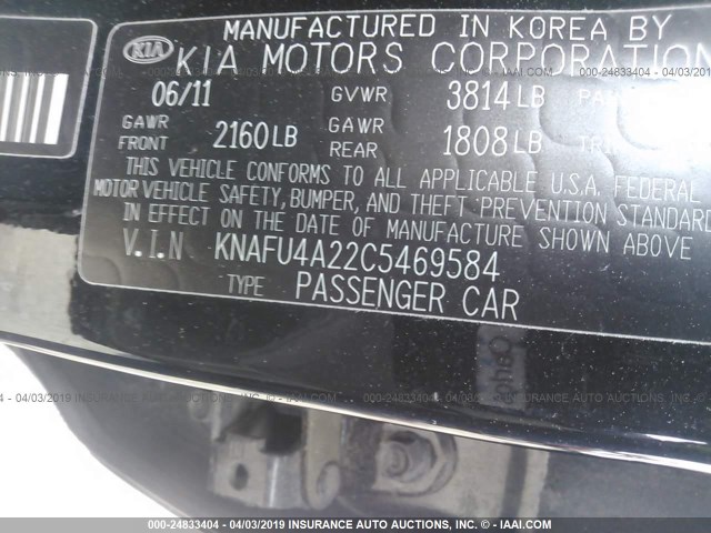 KNAFU4A22C5469584 - 2012 KIA FORTE EX BLACK photo 9