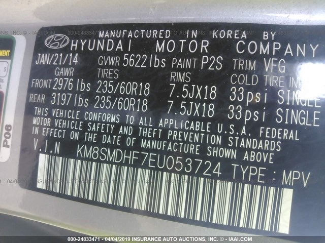 KM8SMDHF7EU053724 - 2014 HYUNDAI SANTA FE GLS/LIMITED SILVER photo 9