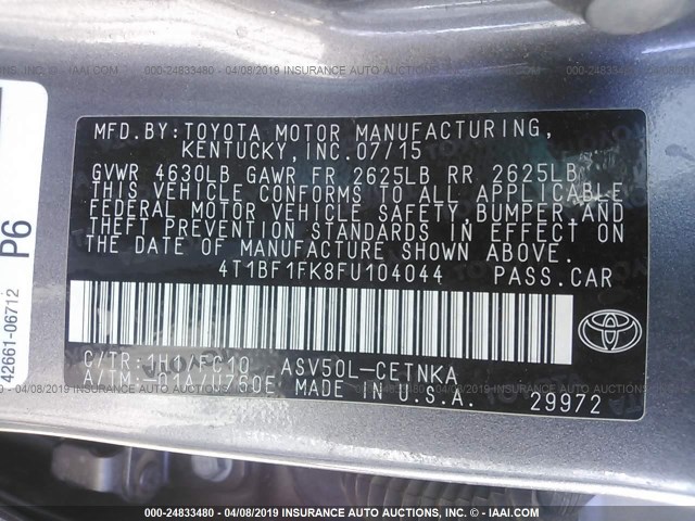 4T1BF1FK8FU104044 - 2015 TOYOTA CAMRY LE/XLE/SE/XSE ნაცრისფერი ფოტო 9