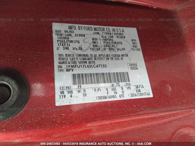 1FMFU17L43LC47153 - 2003 FORD EXPEDITION EDDIE BAUER RED photo 9