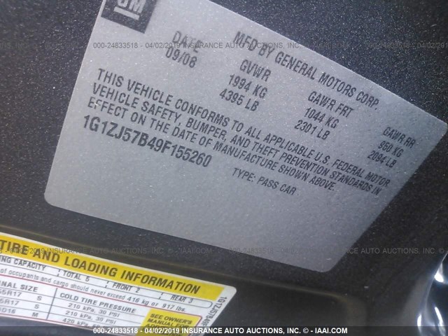 1G1ZJ57B49F155260 - 2009 CHEVROLET MALIBU 2LT BLACK photo 9