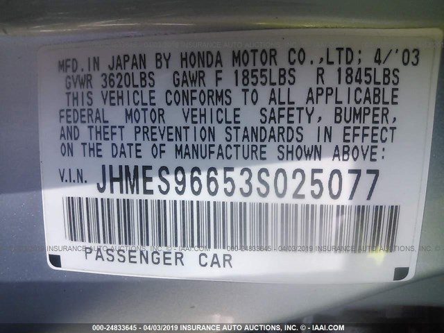 JHMES96653S025077 - 2003 HONDA CIVIC HYBRID BLUE photo 9