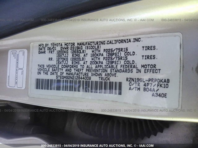 5TEGM92N21Z844008 - 2001 TOYOTA TACOMA DOUBLE CAB PRERUNNER GOLD photo 9