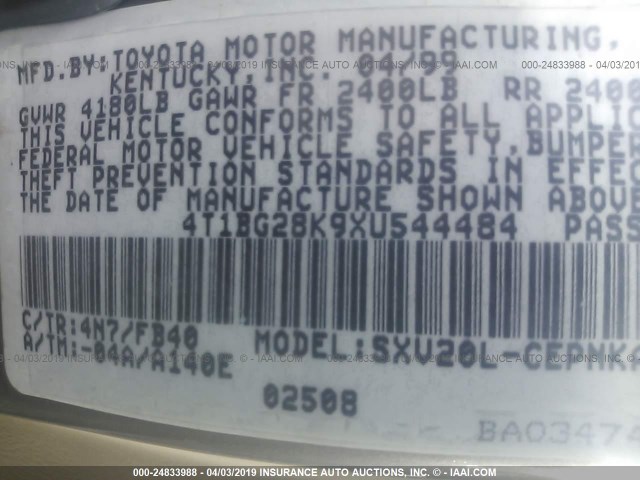 4T1BG28K9XU544484 - 1999 TOYOTA CAMRY CE/LE/XLE 金色 照片 9