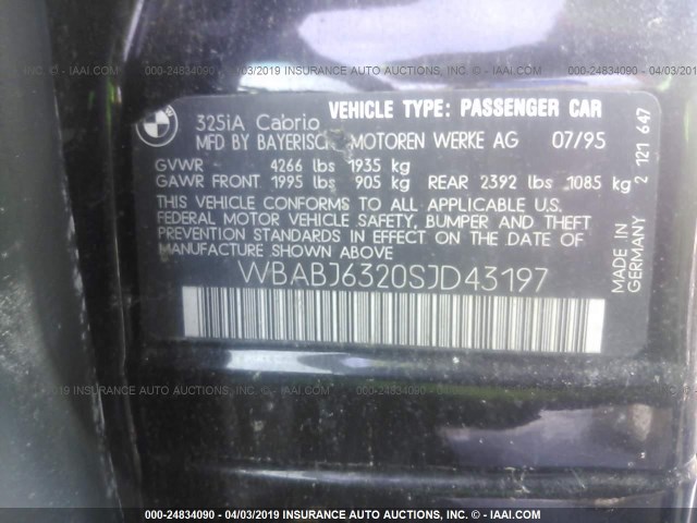 WBABJ6320SJD43197 - 1995 BMW 325 IC AUTOMATIC BLACK photo 9