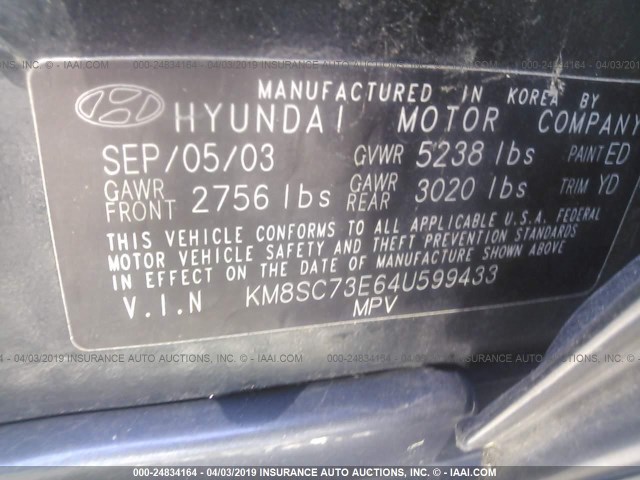 KM8SC73E64U599433 - 2004 HYUNDAI SANTA FE GLS/LX BLACK photo 9