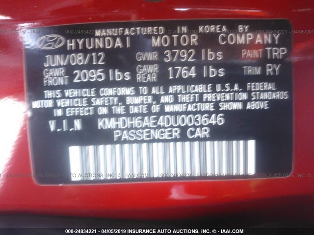 KMHDH6AE4DU003646 - 2013 HYUNDAI ELANTRA COUPE GS/SE RED photo 9