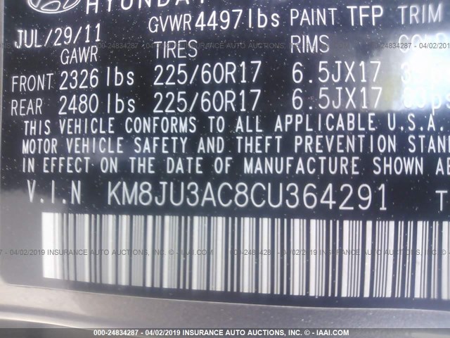 KM8JU3AC8CU364291 - 2012 HYUNDAI TUCSON GLS/LIMITED GRAY photo 9