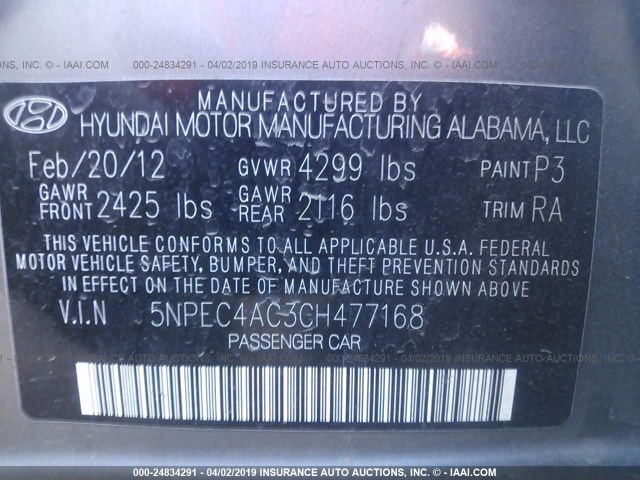 5NPEC4AC3CH477168 - 2012 HYUNDAI SONATA SE/LIMITED GRAY photo 9