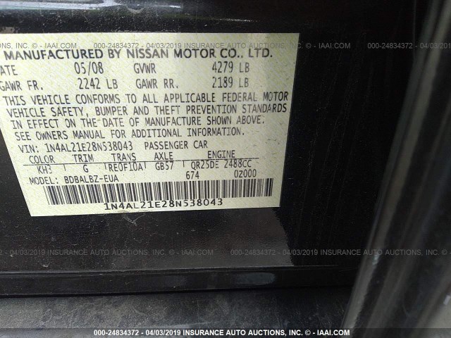 1N4AL21E28N538043 - 2008 NISSAN ALTIMA 2.5/2.5S BLACK photo 9