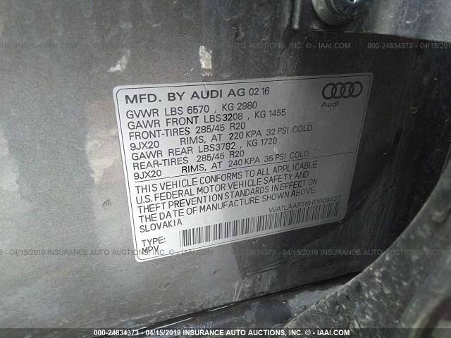 WA1LAAF76HD009420 - 2017 AUDI Q7 PREMIUM PLUS GRAY photo 9