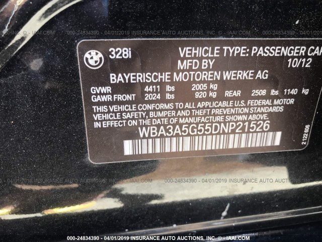 WBA3A5G55DNP21526 - 2013 BMW 328 I BLACK photo 9
