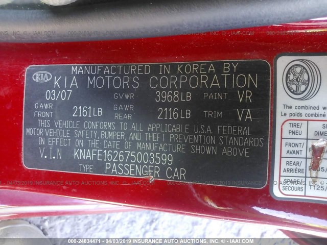 KNAFE162675003599 - 2007 KIA SPECTRA5 SX RED photo 9