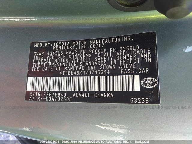 4T1BE46K17U715314 - 2007 TOYOTA CAMRY NEW GENERAT CE/LE/XLE/SE GREEN photo 9