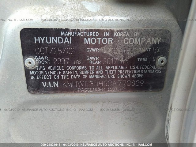 KMHWF35H53A773839 - 2003 HYUNDAI SONATA GLS/LX SILVER photo 9