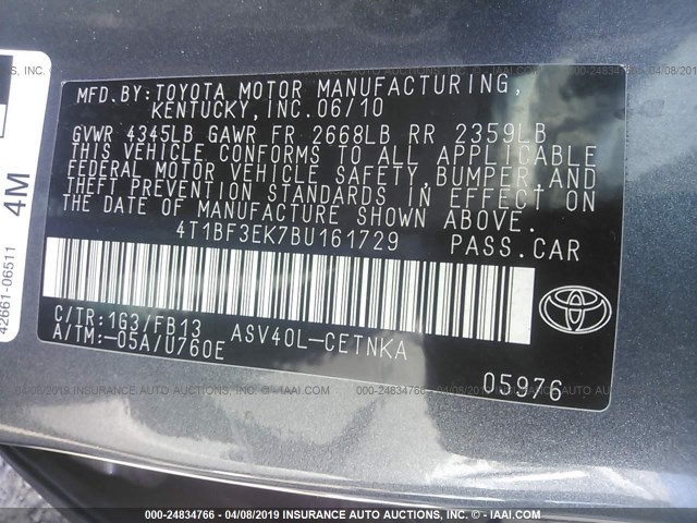 4T1BF3EK7BU161729 - 2011 TOYOTA CAMRY SE/LE/XLE GRAY photo 9