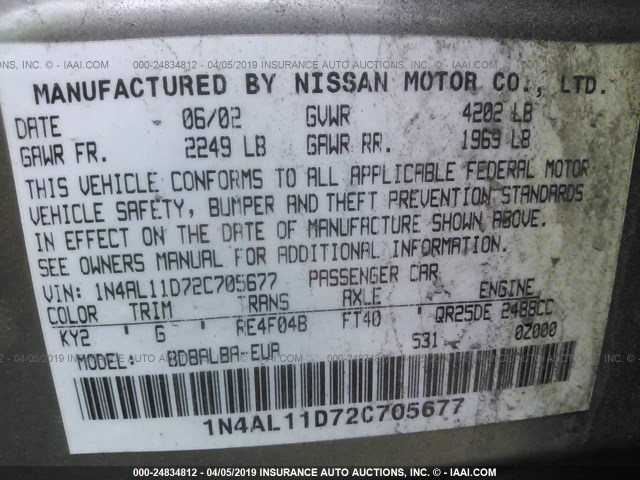 1N4AL11D72C705677 - 2002 NISSAN ALTIMA S/SL TAN photo 9