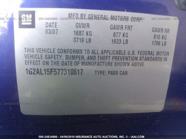 1G2AL15F577310617 - 2007 PONTIAC G5 BLUE photo 9