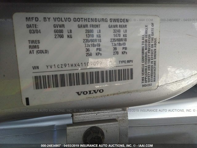 YV1CZ91HX41109099 - 2004 VOLVO XC90 T6 SILVER photo 9