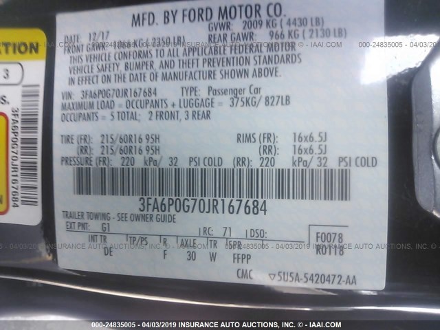 3FA6P0G70JR167684 - 2018 FORD FUSION S BLACK photo 9