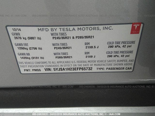 5YJSA1H23EFP65732 - 2014 TESLA MODEL S Gümüş foto 9