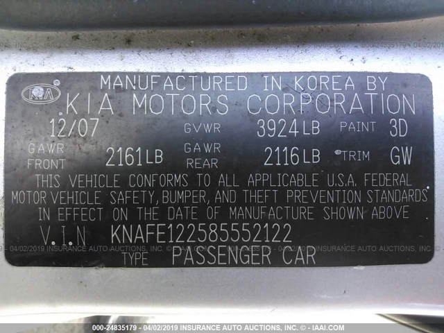 KNAFE122585552122 - 2008 KIA SPECTRA EX/LX/SX SILVER photo 9