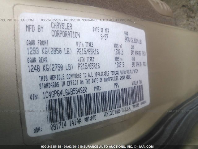 1C4GP64L6WB554920 - 1998 CHRYSLER TOWN & COUNTRY LXI Champagne photo 9