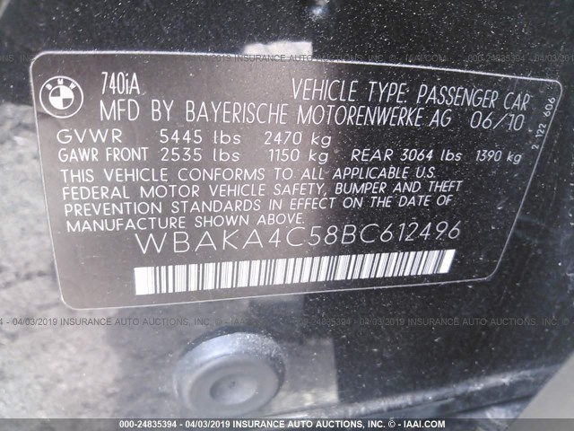 WBAKA4C58BC612496 - 2011 BMW 740 I BLACK photo 9