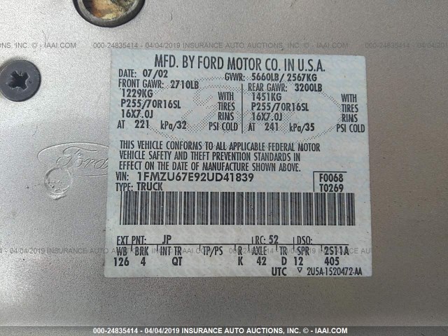 1FMZU67E92UD41839 - 2002 FORD EXPLORER SPORT TR  GRAY photo 9