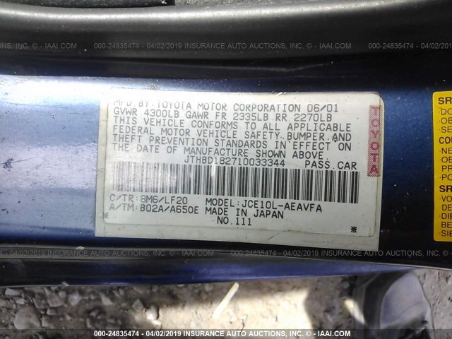 JTHBD182710033344 - 2001 LEXUS IS 300 BLUE photo 9