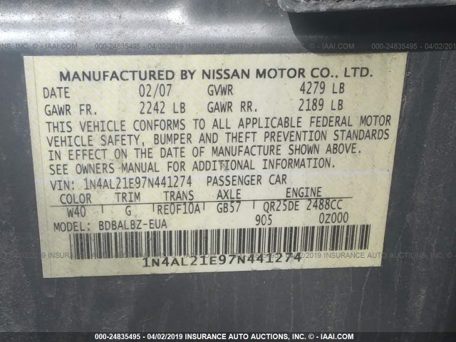 1N4AL21E97N441274 - 2007 NISSAN ALTIMA 2.5/2.5S GRAY photo 9