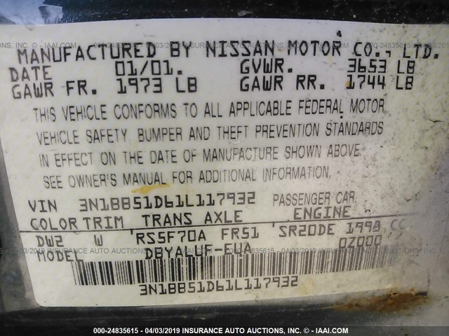 3N1BB51D61L117932 - 2001 NISSAN SENTRA SE GREEN photo 9