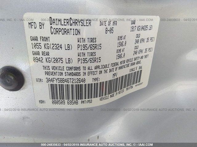 3A4FY58B46T212640 - 2006 CHRYSLER PT CRUISER TOURING SILVER photo 9