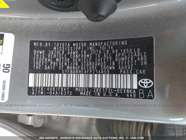 5YFBURHE4FP214859 - 2015 TOYOTA COROLLA L/LE/LE PLS/PRM/S/S PLS TAN photo 9